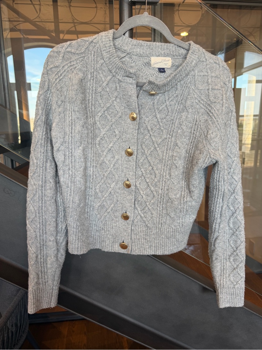 Gray Cable Knit Cardigan with Gold Buttons - Picture 2 of 6